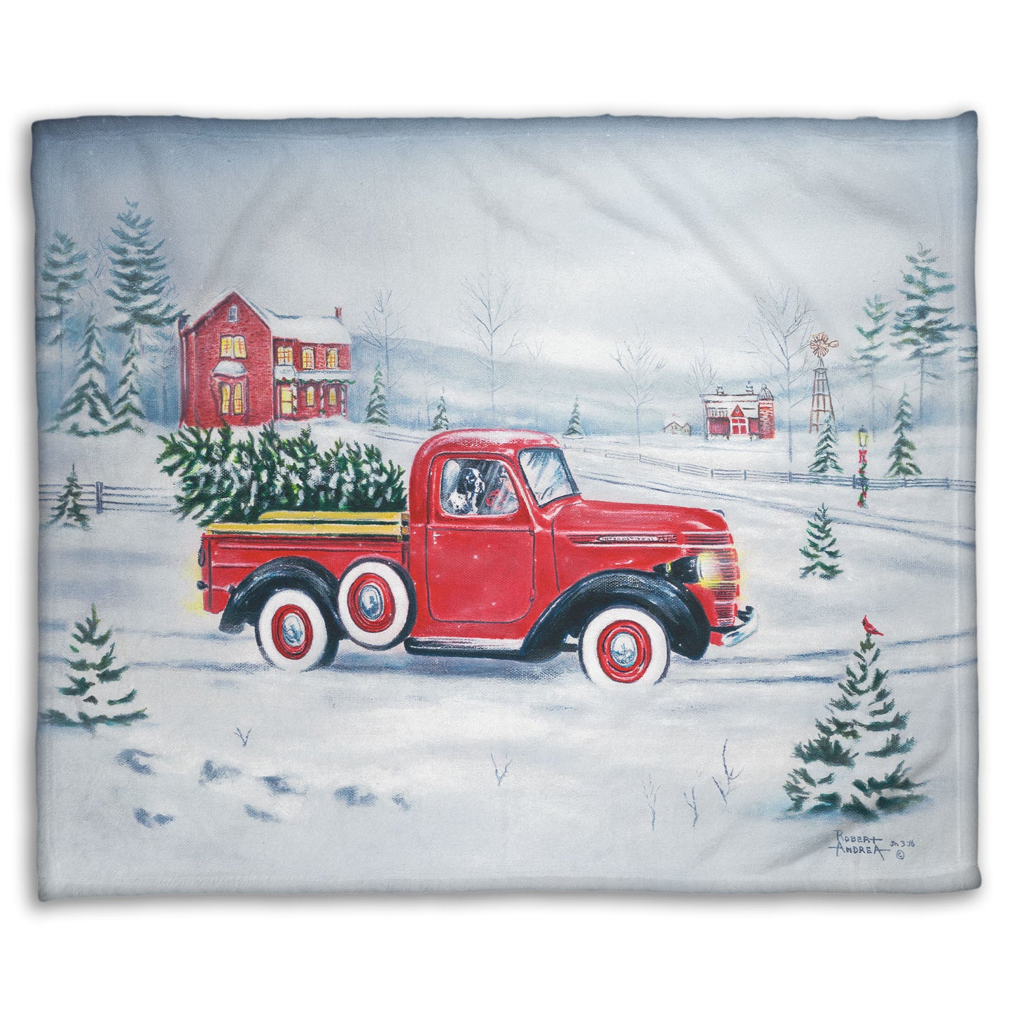 Coral fleece blanket with a red truck and Christmas tree design.