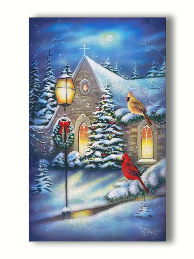 A painting of cardinals perched on evergreen branches on a snowy night, in front of a church decorated for Christmas. Printed on canvas.