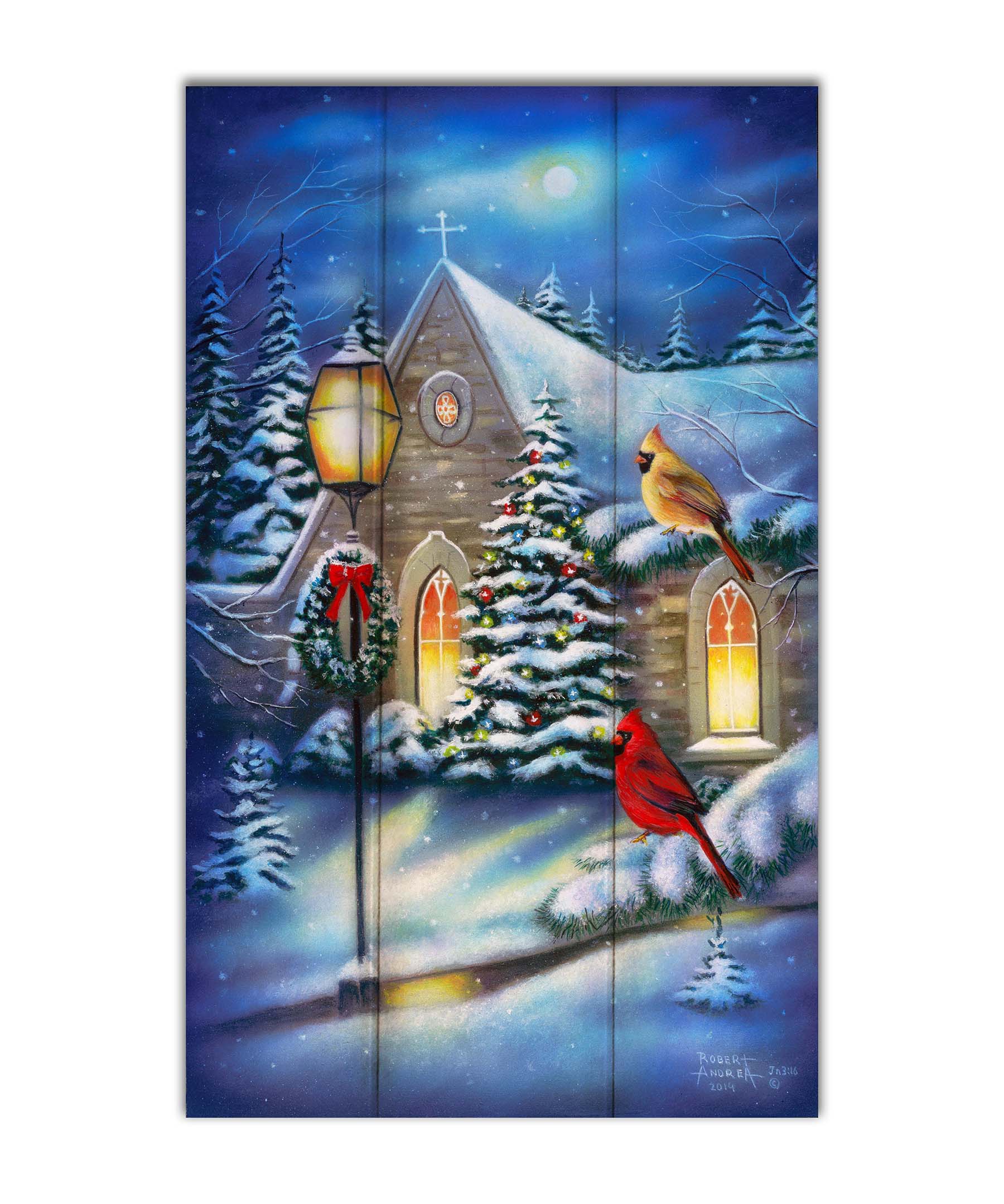 A painting of cardinals perched on evergreen branches on a snowy night, in front of a church decorated for Christmas. Printed on a box board.