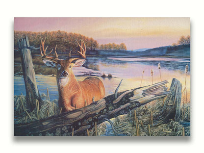 Painting of a deer in front of a lake reflecting the morning sky. Printed on canvas.