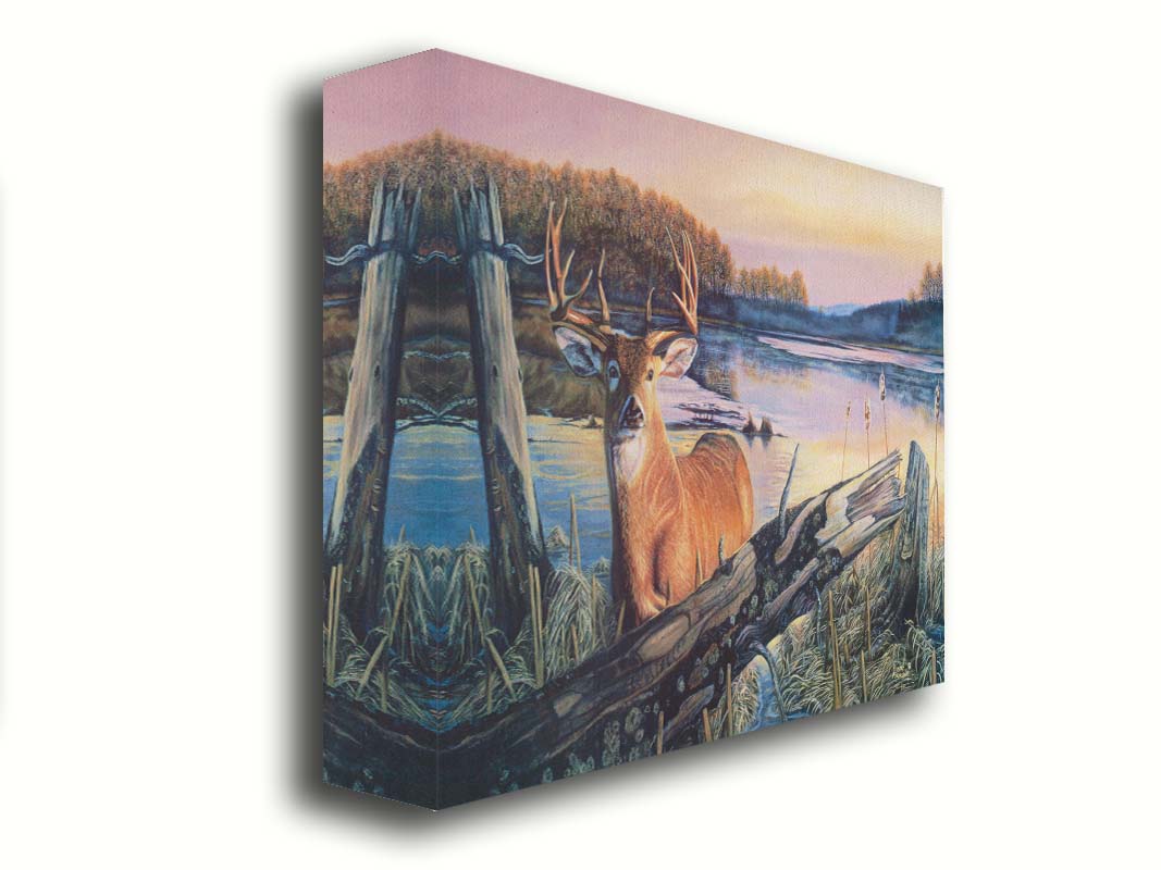 Painting of a deer in front of a lake reflecting the morning sky. Printed on canvas.