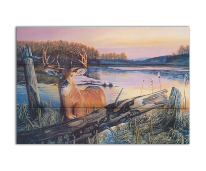 Painting of a deer in front of a lake reflecting the morning sky. Printed on a box board.