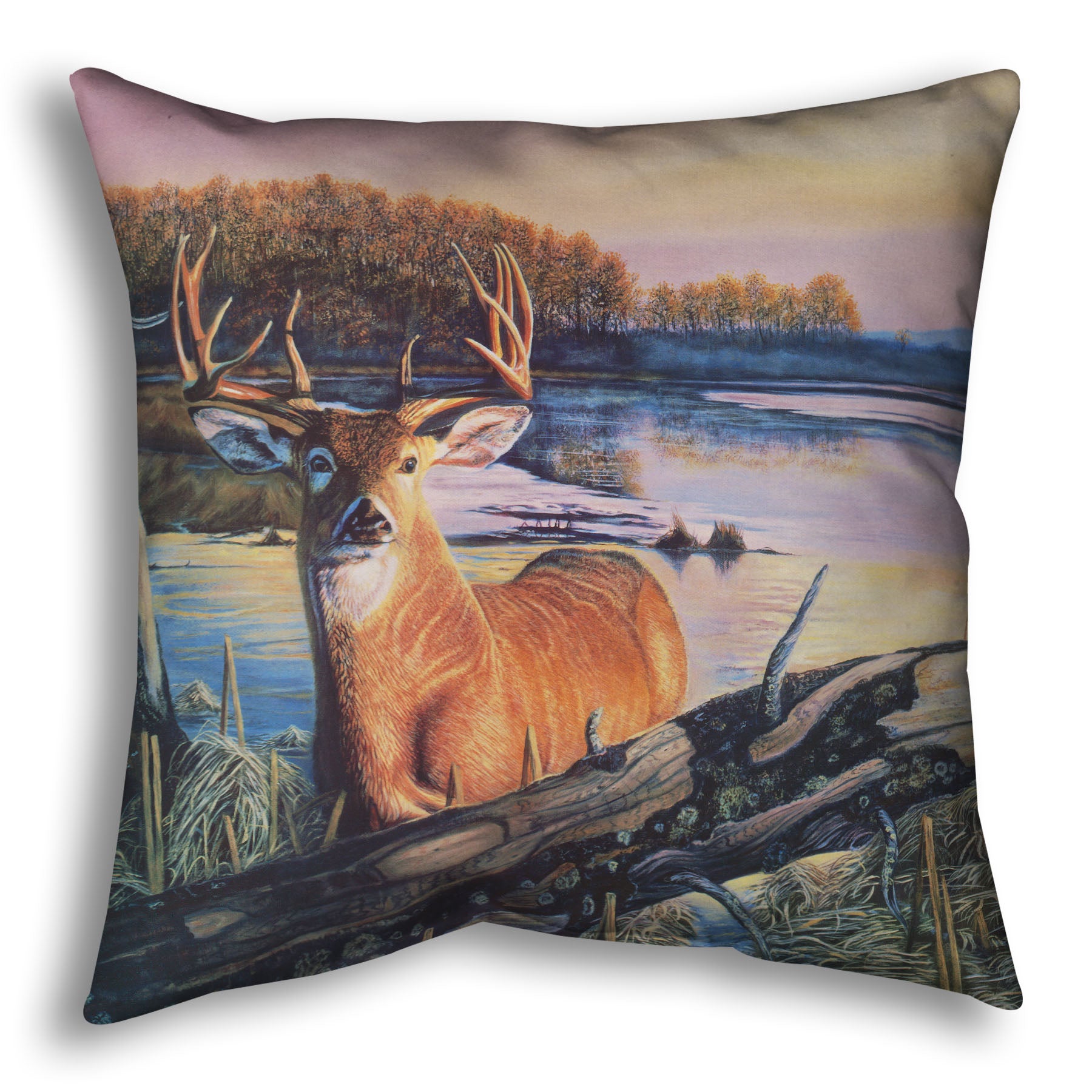 Throw pillow designed with a painting of a deer in front of a lake reflecting the morning sky.