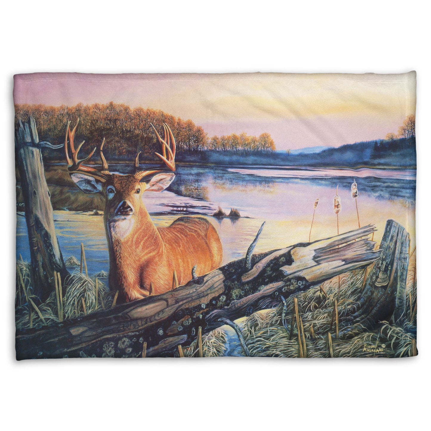 Coral fleece blanket designed with a painting of a deer in front of a lake reflecting the morning sky.