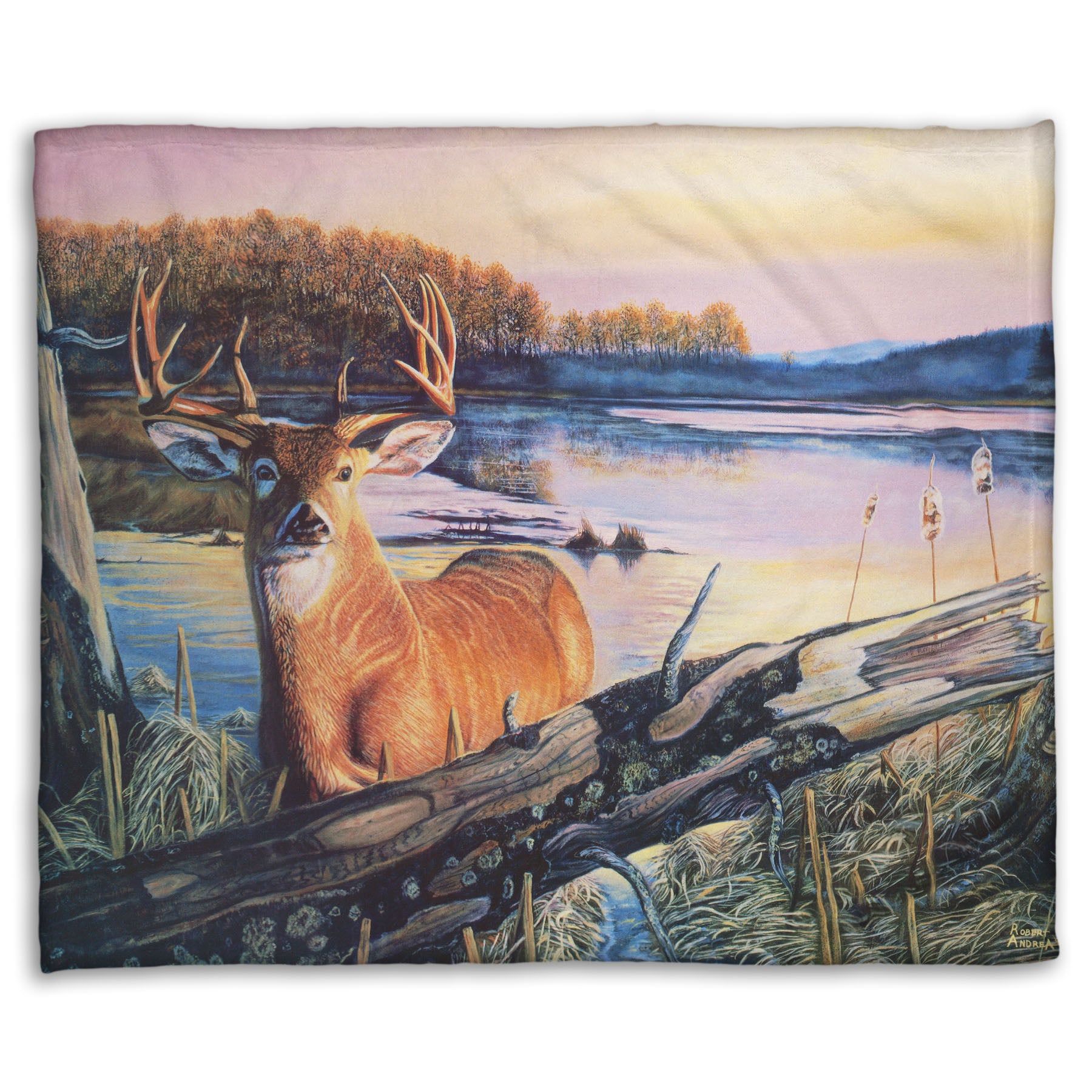 Coral fleece blanket designed with a painting of a deer in front of a lake reflecting the morning sky.