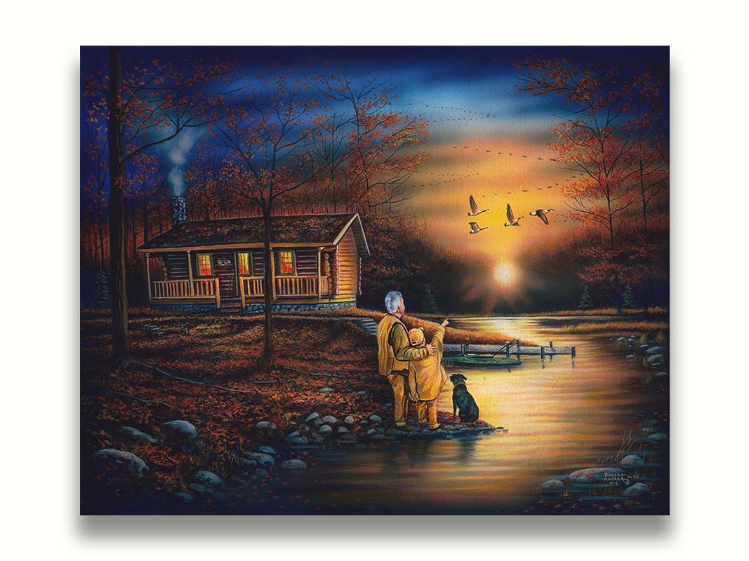 A painting of a man and a child standing by a river and cabin. They arre watching geese fly ovehead at sunset. Printed on canvas.