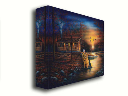 A painting of a man and a child standing by a river and cabin. They arre watching geese fly ovehead at sunset. Printed on canvas.