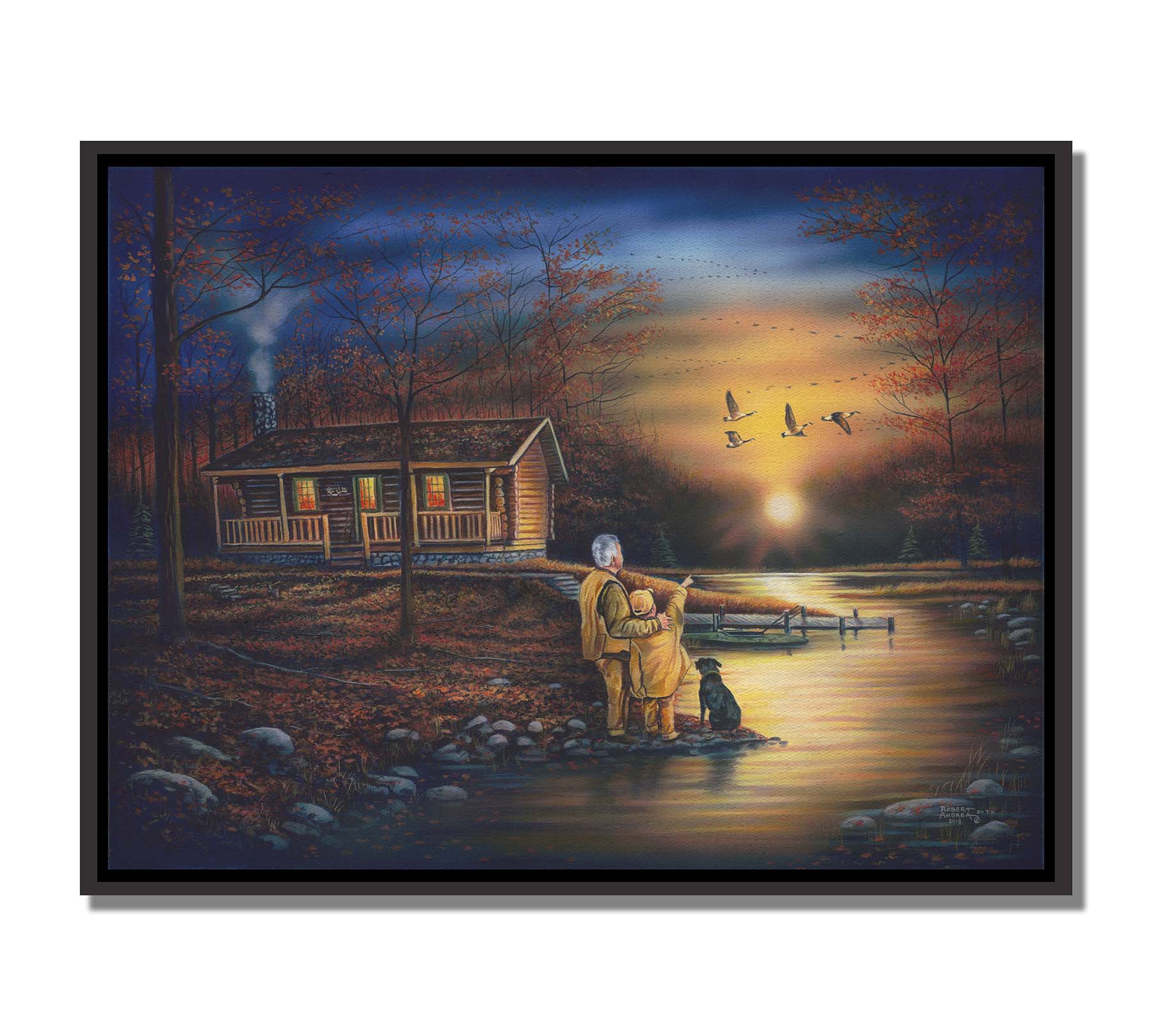 A painting of a man and a child standing by a river and cabin. They arre watching geese fly ovehead at sunset. Printed on canvas in a float frame.