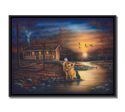 A painting of a man and a child standing by a river and cabin. They arre watching geese fly ovehead at sunset. Printed on canvas in a float frame.