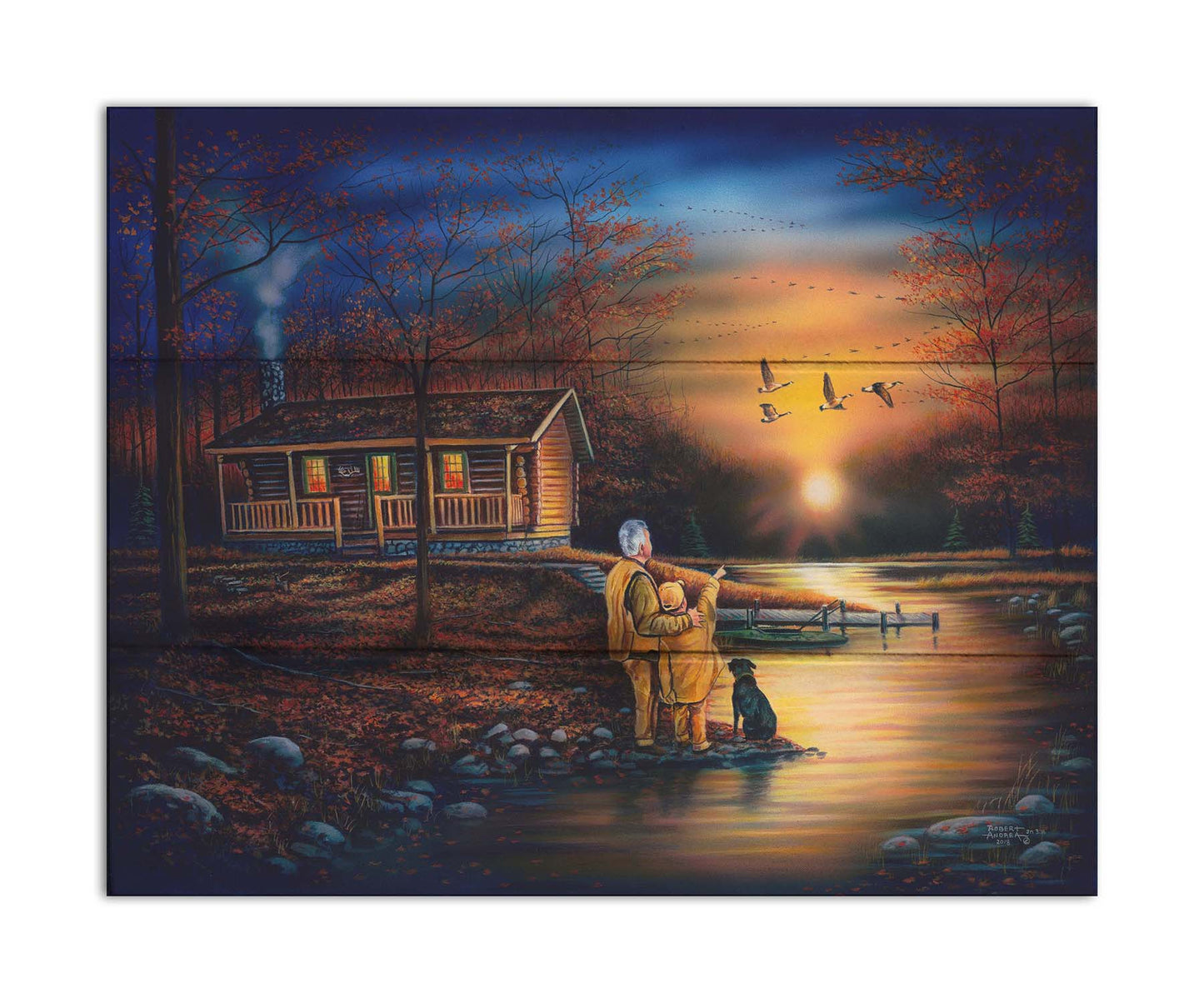 A painting of a man and a child standing by a river and cabin. They arre watching geese fly ovehead at sunset. Printed on a box board.