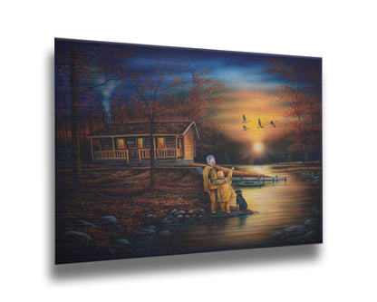 A painting of a man and a child standing by a river and cabin. They arre watching geese fly ovehead at sunset. Printed on metal.