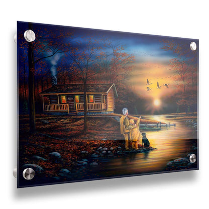 A painting of a man and a child standing by a river and cabin. They arre watching geese fly ovehead at sunset. Printed on acrylic.