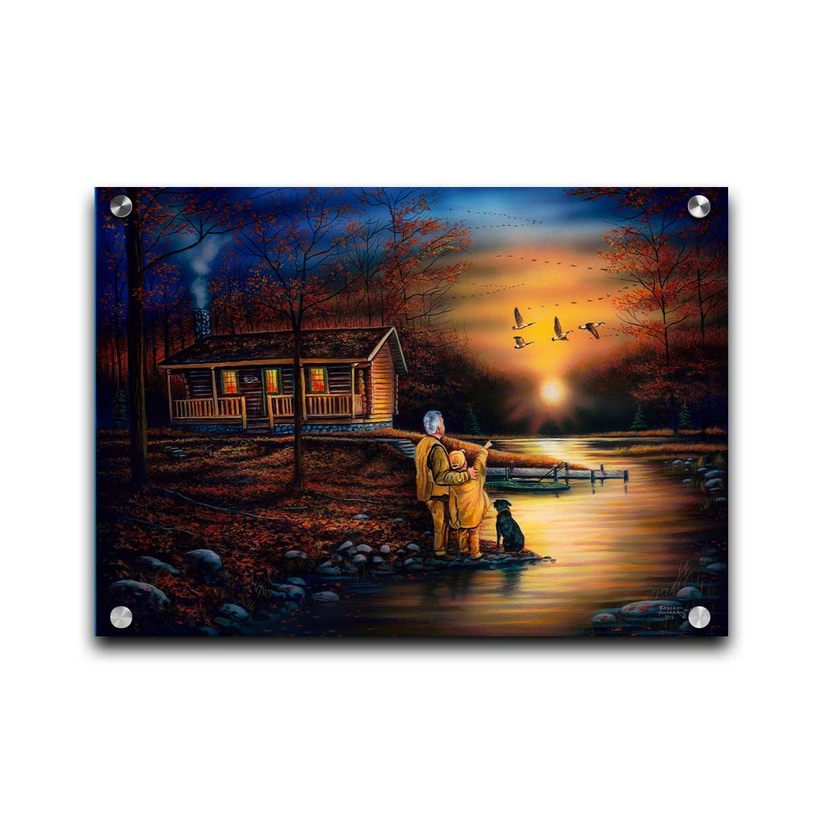 A painting of a man and a child standing by a river and cabin. They arre watching geese fly ovehead at sunset. Printed on acrylic.