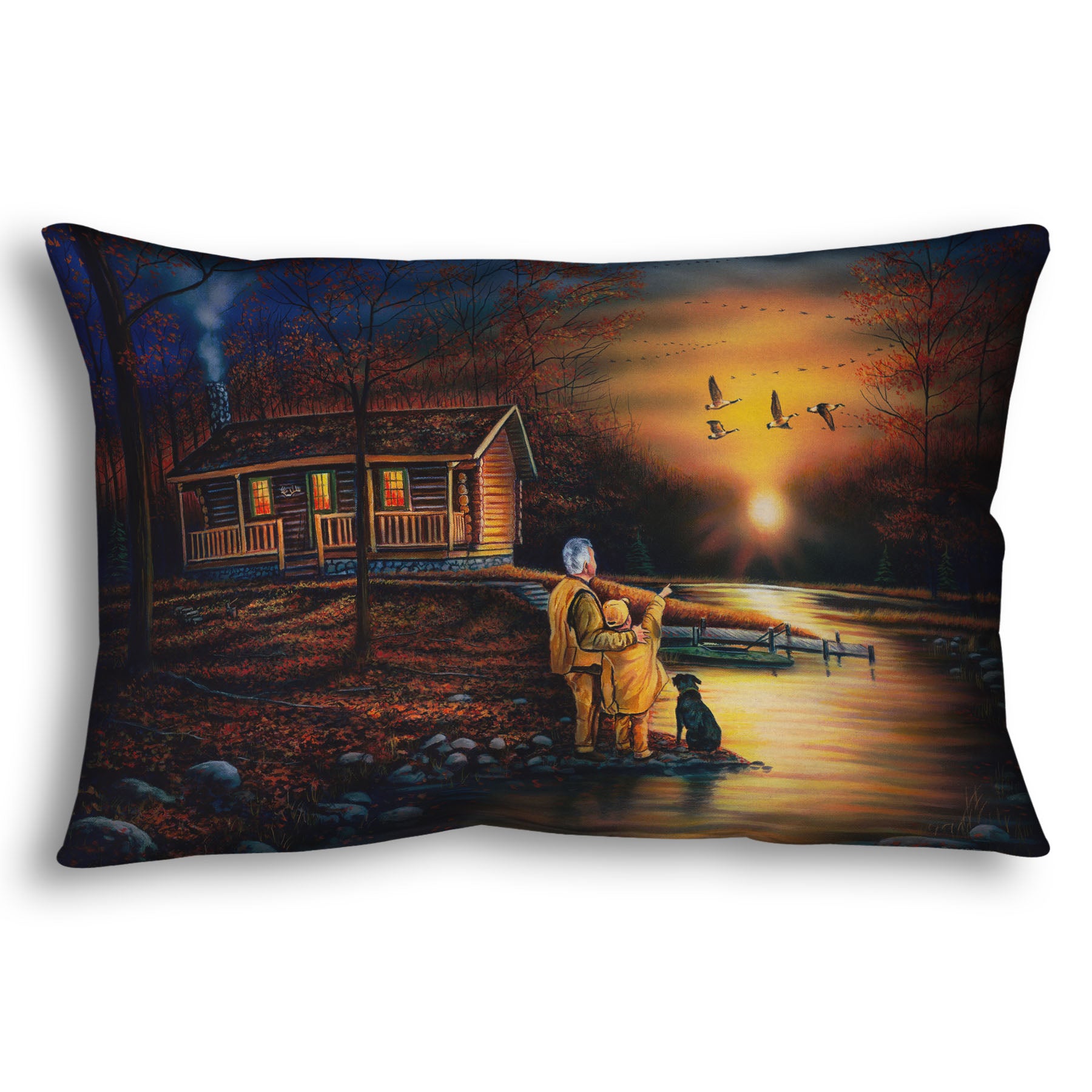 A throw pillow designed with a painting of a man and a child standing by a river and cabin. They are watching geese fly overhead at sunset.
