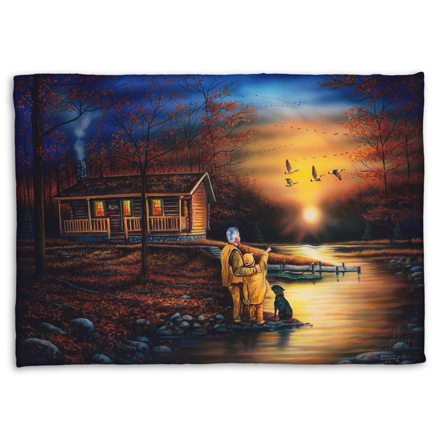 A coral fleece throw blanket designed with a painting of a man and a child standing by a river and cabin. They are watching geese fly overhead at sunset.