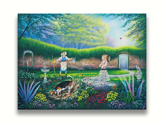 A painting of a beautiful garden, but a dog is digging up the rose bushes, ruining them. The woman gardenin gand a child are looking on in shock. Printed on canvas.