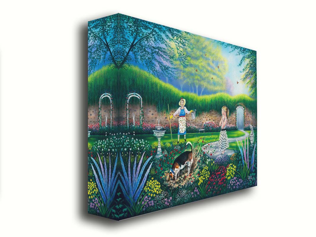 A painting of a beautiful garden, but a dog is digging up the rose bushes, ruining them. The woman gardenin gand a child are looking on in shock. Printed on canvas.