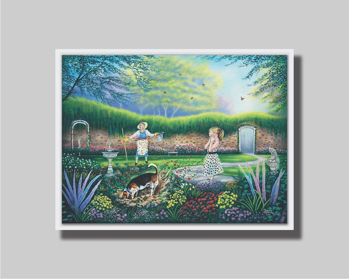 A painting of a beautiful garden, but a dog is digging up the rose bushes, ruining them. The woman gardenin gand a child are looking on in shock. Printed on canvas in a float frame.