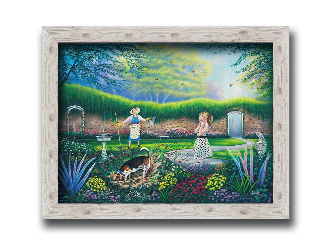 A painting of a beautiful garden, but a dog is digging up the rose bushes, ruining them. The woman gardenin gand a child are looking on in shock. Printed on canvas and framed.