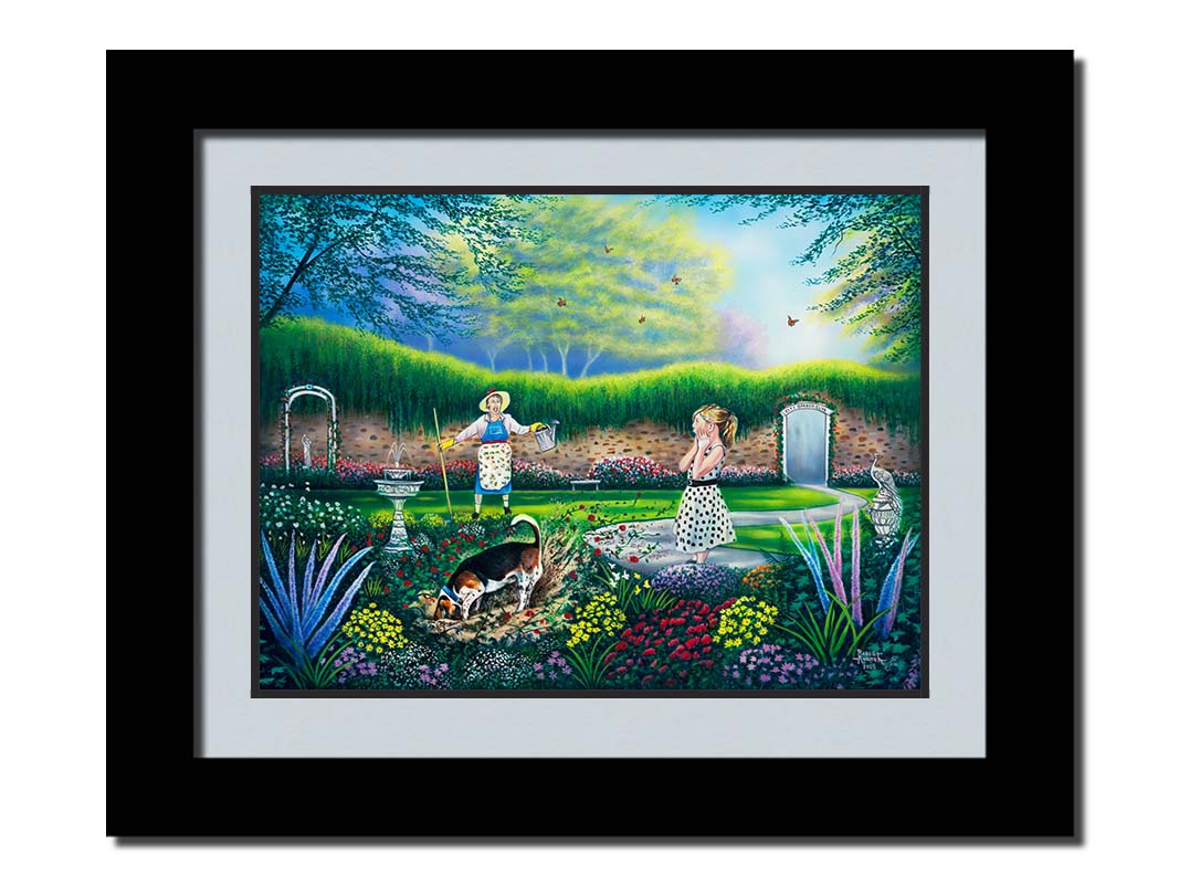 A painting of a beautiful garden, but a dog is digging up the rose bushes, ruining them. The woman gardenin gand a child are looking on in shock. Printed on paper, matted, and framed.