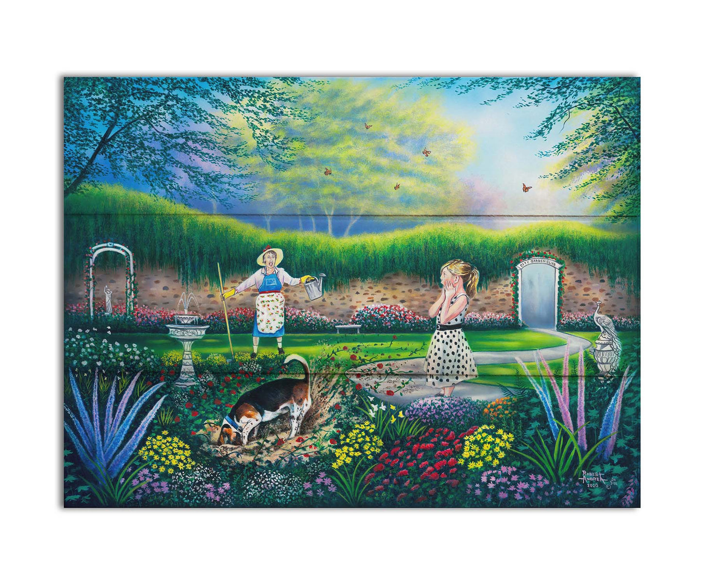 A painting of a beautiful garden, but a dog is digging up the rose bushes, ruining them. The woman gardenin gand a child are looking on in shock. Printed on a box board.