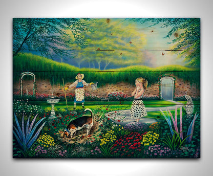 A painting of a beautiful garden, but a dog is digging up the rose bushes, ruining them. The woman gardenin gand a child are looking on in shock. Printed on a wood pallet.