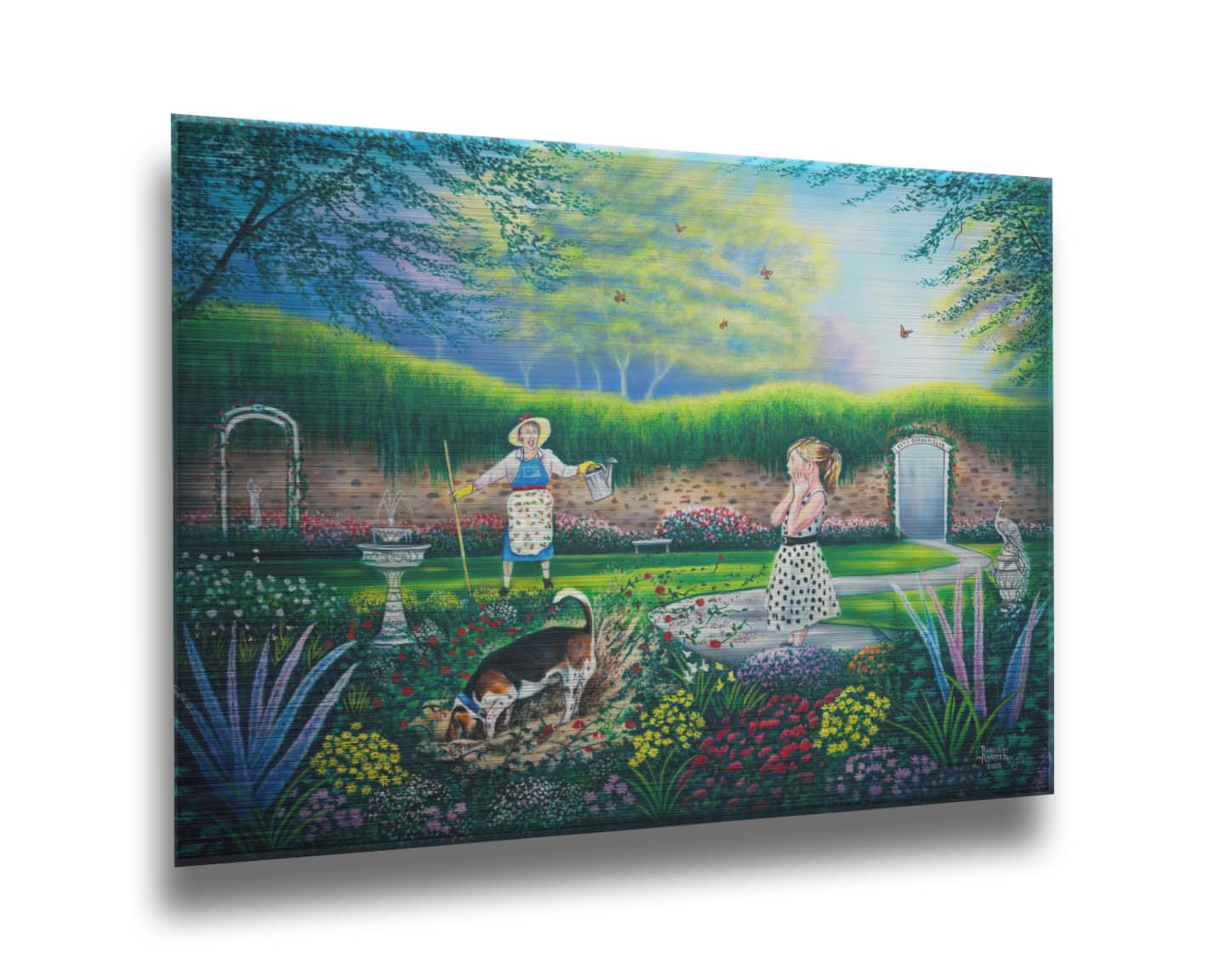 A painting of a beautiful garden, but a dog is digging up the rose bushes, ruining them. The woman gardenin gand a child are looking on in shock. Printed on metal.