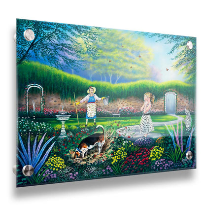 A painting of a beautiful garden, but a dog is digging up the rose bushes, ruining them. The woman gardenin gand a child are looking on in shock. Printed on acrylic.