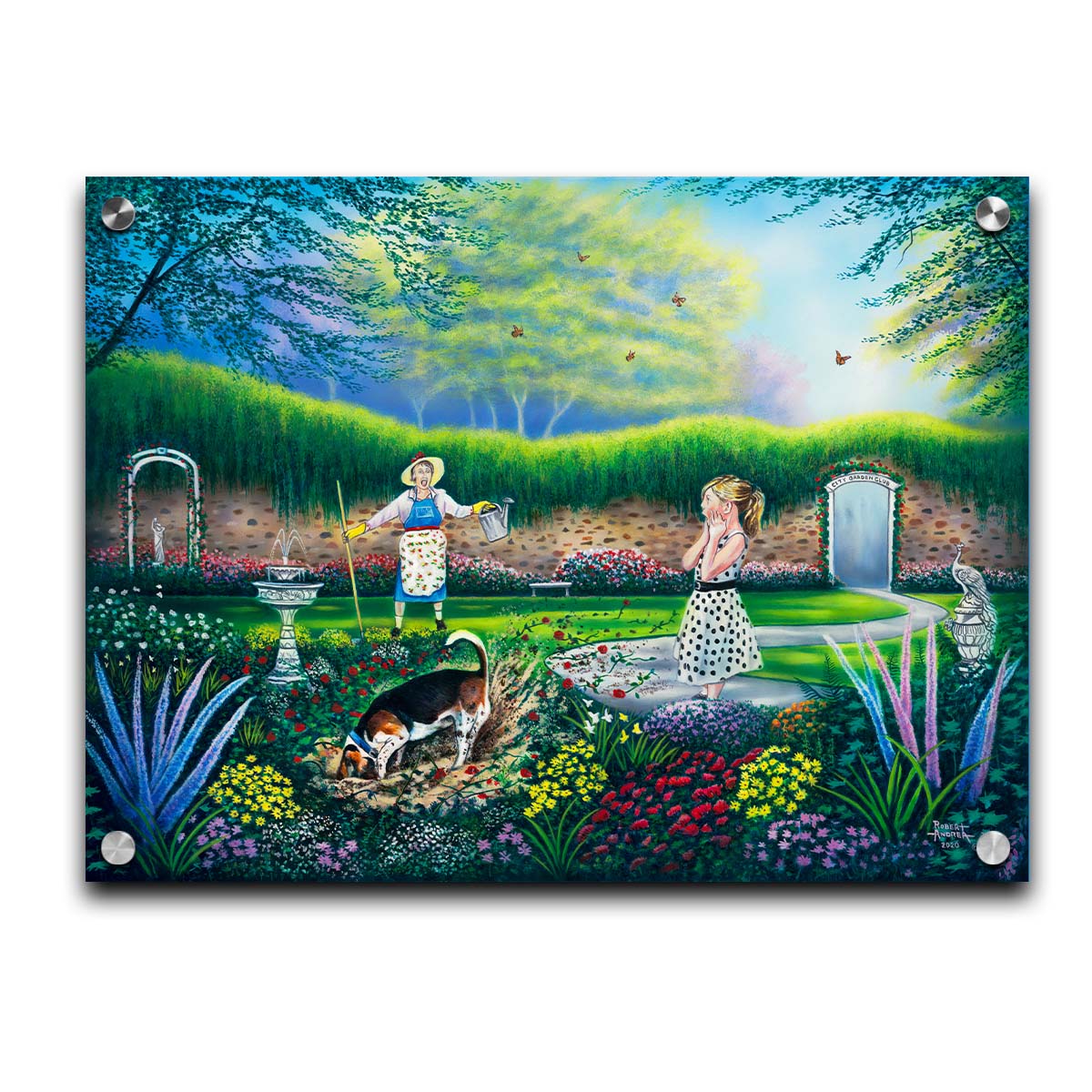 A painting of a beautiful garden, but a dog is digging up the rose bushes, ruining them. The woman gardenin gand a child are looking on in shock. Printed on acrylic.