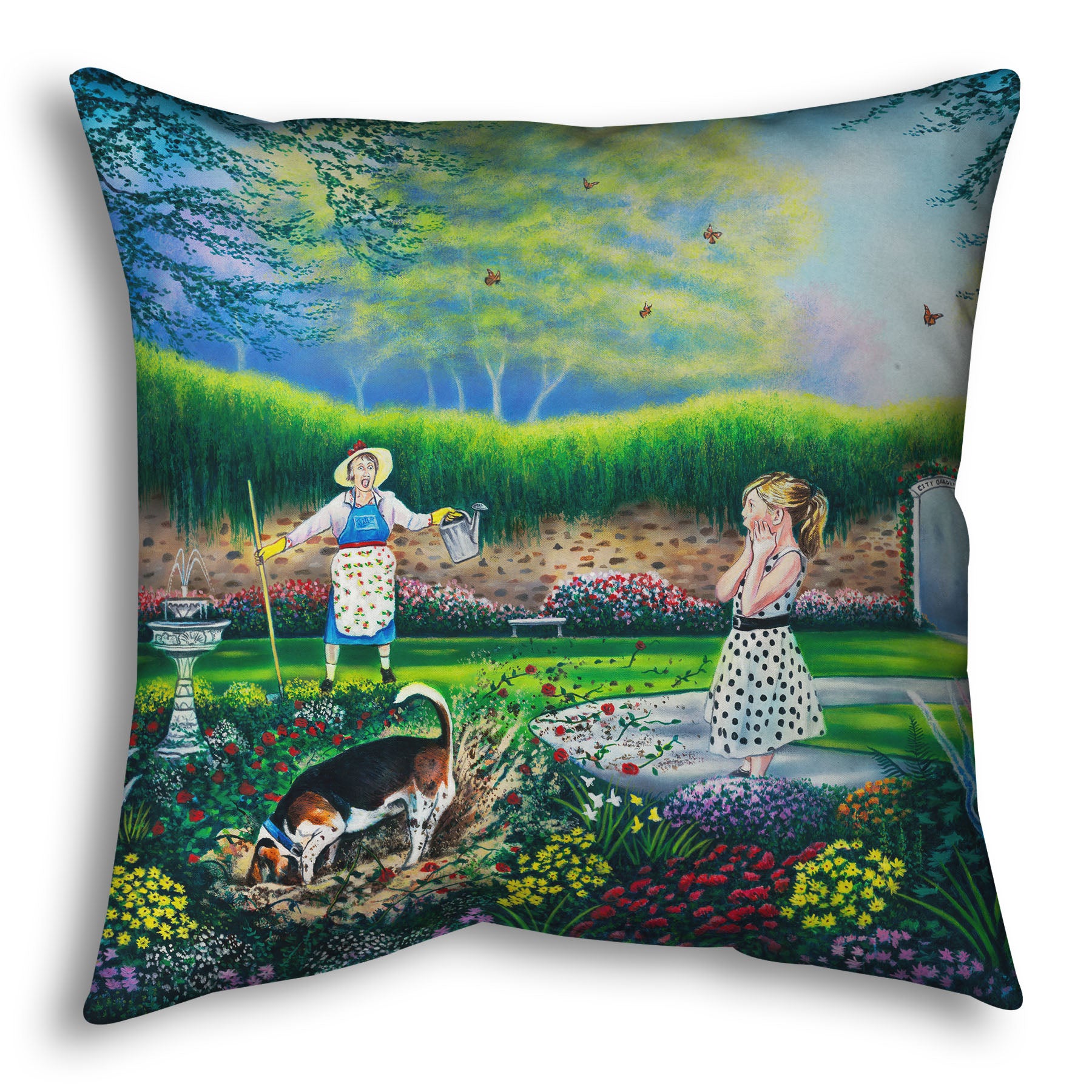 A throw pillow designed with a painting of a beautiful garden, but a dog is digging up the rose bushes, ruining them. The woman gardening and a child are looking on in shock.