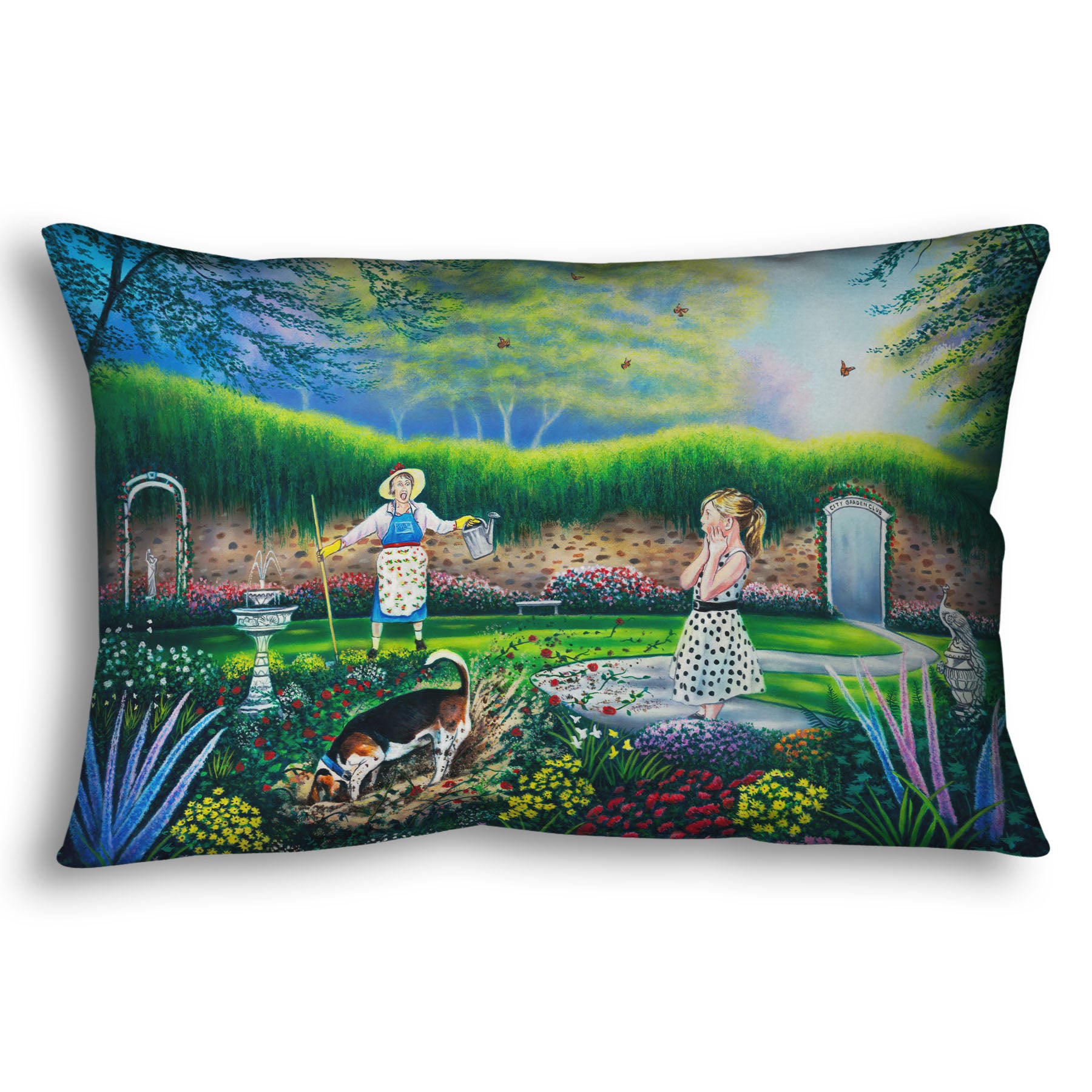 A throw pillow designed with a painting of a beautiful garden, but a dog is digging up the rose bushes, ruining them. The woman gardening and a child are looking on in shock.
