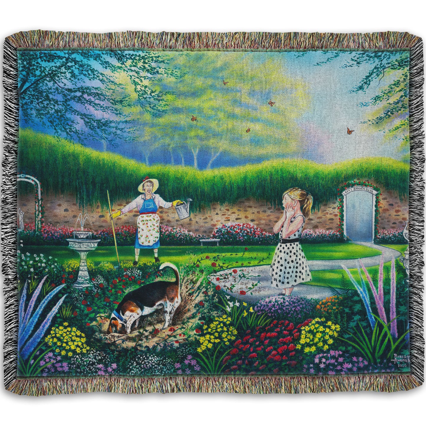 A woven throw blanket designed with a painting of a beautiful garden, but a dog is digging up the rose bushes, ruining them. The woman gardening and a child are looking on in shock.