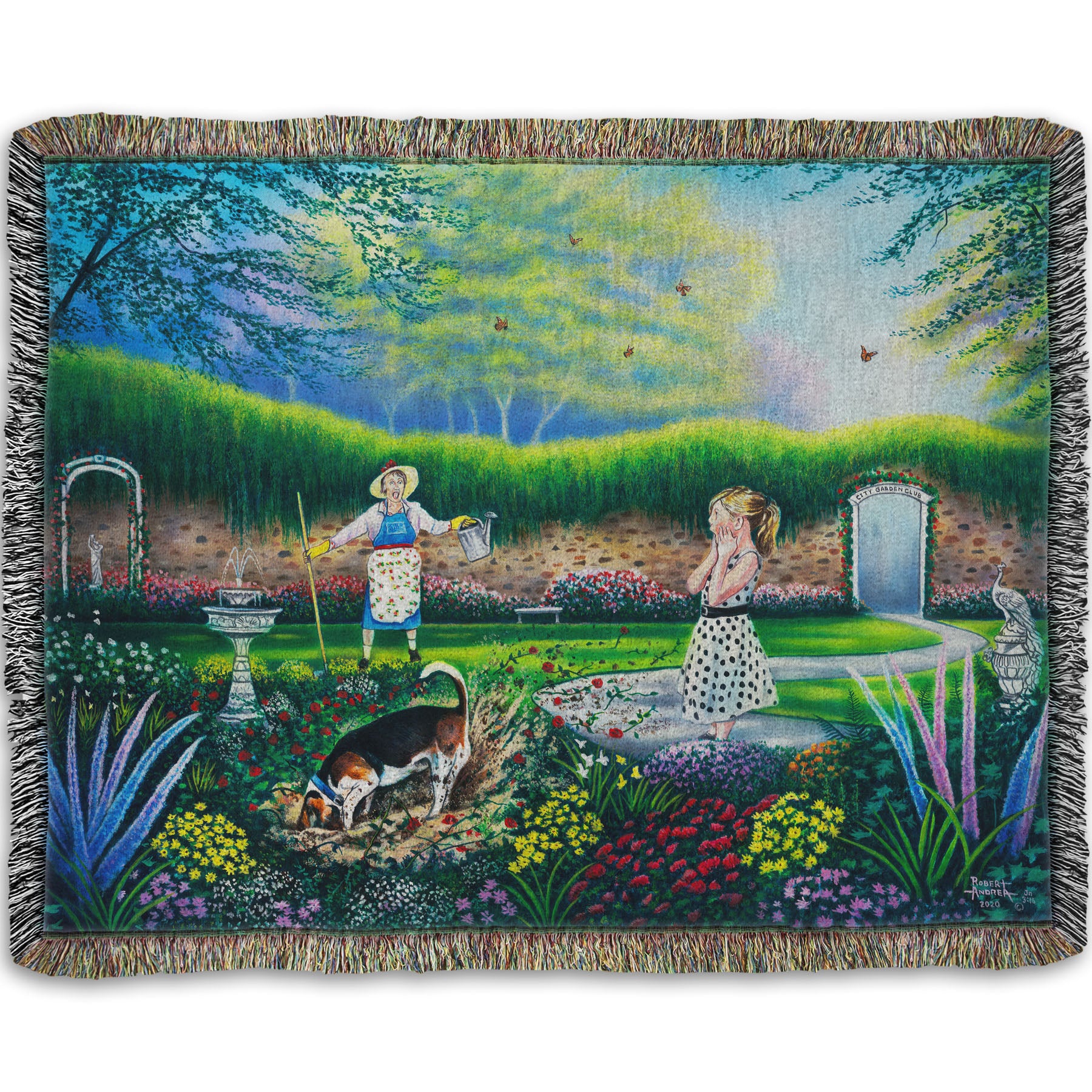 A woven throw blanket designed with a painting of a beautiful garden, but a dog is digging up the rose bushes, ruining them. The woman gardening and a child are looking on in shock.