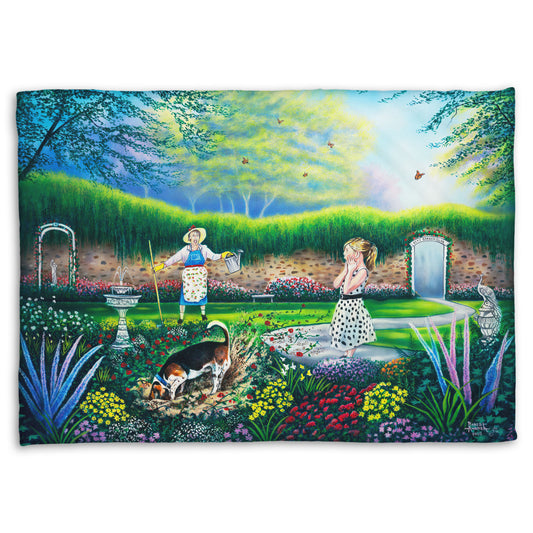 A coral fleece throw blanket designed with a painting of a beautiful garden, but a dog is digging up the rose bushes, ruining them. The woman gardening and a child are looking on in shock.
