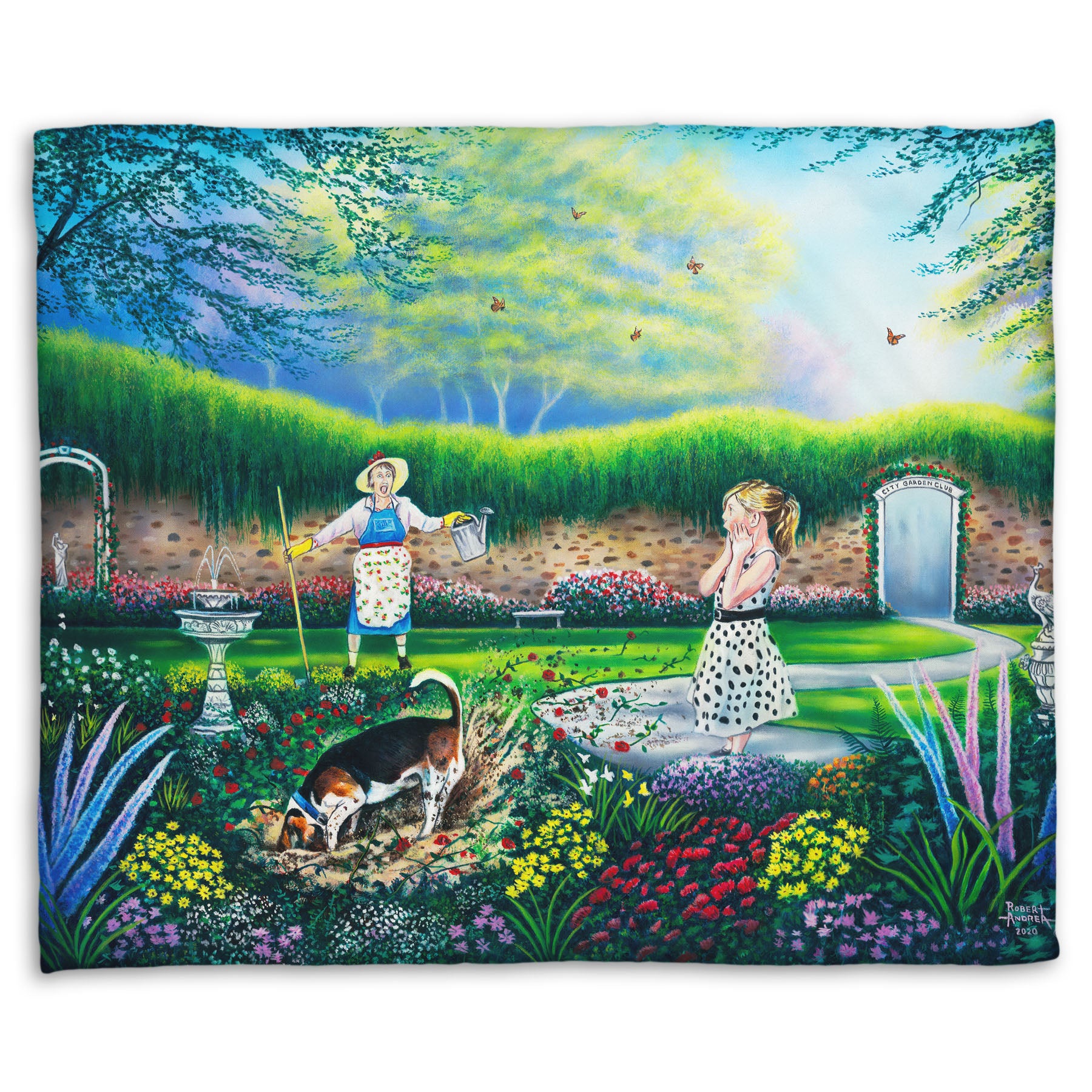 A coral fleece throw blanket designed with a painting of a beautiful garden, but a dog is digging up the rose bushes, ruining them. The woman gardening and a child are looking on in shock.