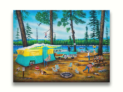 A painting of a family camping trip gone awry. The campsite is bombarded by bears, raccoons, and skunks while the children dangle from trees, play in poison ivy, and chase the wild animals. Printed on canvas.