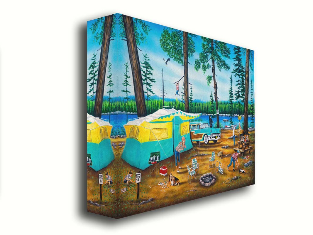 A painting of a family camping trip gone awry. The campsite is bombarded by bears, raccoons, and skunks while the children dangle from trees, play in poison ivy, and chase the wild animals. Printed on canvas.