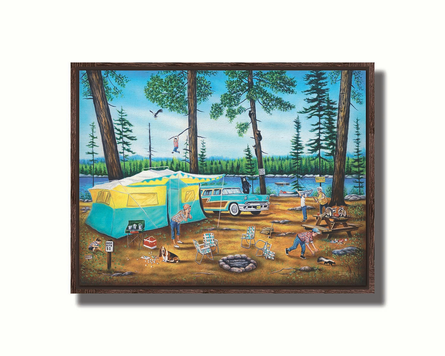 A painting of a family camping trip gone awry. The campsite is bombarded by bears, raccoons, and skunks while the children dangle from trees, play in poison ivy, and chase the wild animals. Printed on canvas in a float frame.