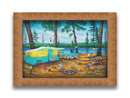 A painting of a family camping trip gone awry. The campsite is bombarded by bears, raccoons, and skunks while the children dangle from trees, play in poison ivy, and chase the wild animals. Printed on canvas. Printed on canvas and framed.