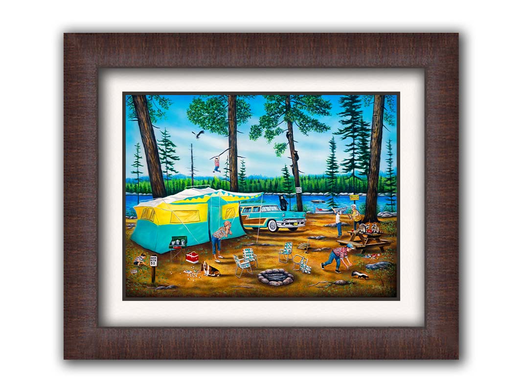 A painting of a family camping trip gone awry. The campsite is bombarded by bears, raccoons, and skunks while the children dangle from trees, play in poison ivy, and chase the wild animals. Printed on paper, matted, and framed.