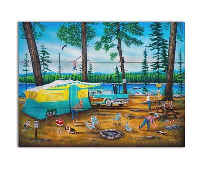 A painting of a family camping trip gone awry. The campsite is bombarded by bears, raccoons, and skunks while the children dangle from trees, play in poison ivy, and chase the wild animals. Printed on a box board.