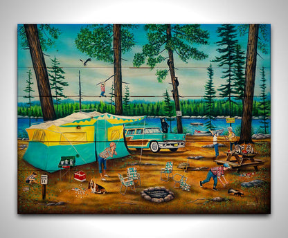 A painting of a family camping trip gone awry. The campsite is bombarded by bears, raccoons, and skunks while the children dangle from trees, play in poison ivy, and chase the wild animals. Printed on a wood pallet.