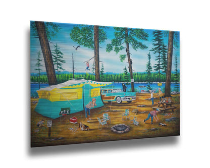 A painting of a family camping trip gone awry. The campsite is bombarded by bears, raccoons, and skunks while the children dangle from trees, play in poison ivy, and chase the wild animals. Printed on metal.