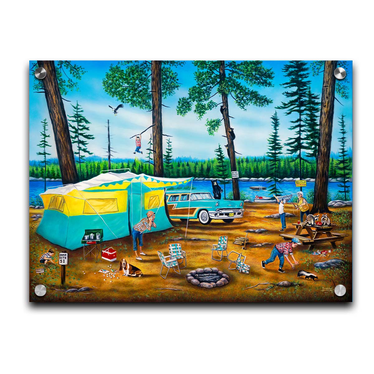 A painting of a family camping trip gone awry. The campsite is bombarded by bears, raccoons, and skunks while the children dangle from trees, play in poison ivy, and chase the wild animals. Printed on acrylic.