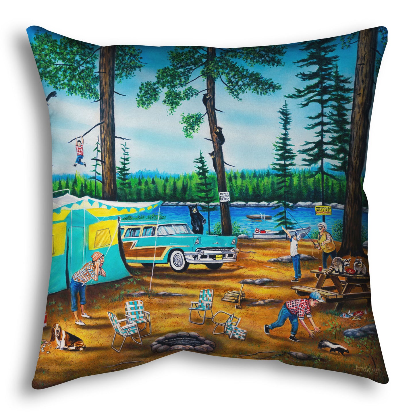 A throw pillow designed with a painting of a family camping trip gone awry. The campsite is bombarded by bears, raccoons, and skunks while the children dangle from trees, play in poison ivy, and chase the wild animals.