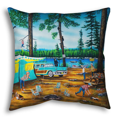 A throw pillow designed with a painting of a family camping trip gone awry. The campsite is bombarded by bears, raccoons, and skunks while the children dangle from trees, play in poison ivy, and chase the wild animals.