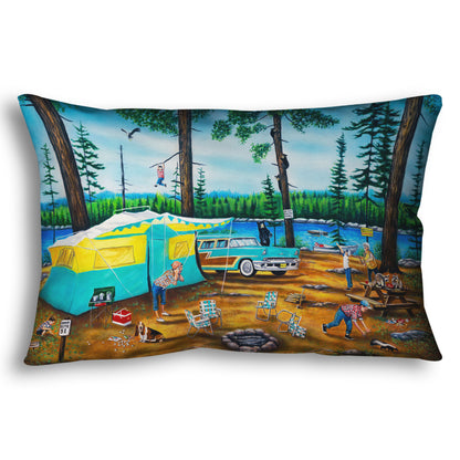 A throw pillow designed with a painting of a family camping trip gone awry. The campsite is bombarded by bears, raccoons, and skunks while the children dangle from trees, play in poison ivy, and chase the wild animals.