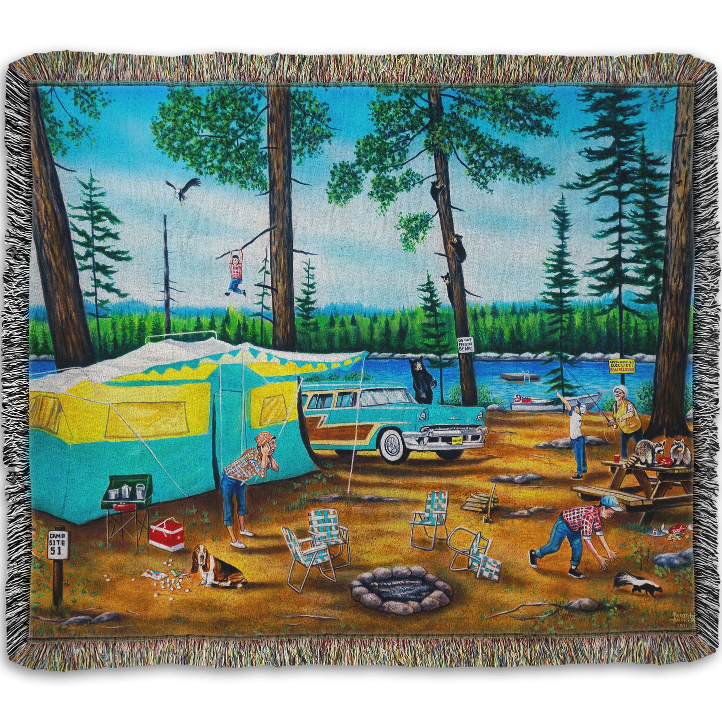 A woven throw blanket designed with a painting of a family camping trip gone awry. The campsite is bombarded by bears, raccoons, and skunks while the children dangle from trees, play in poison ivy, and chase the wild animals.