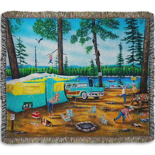 A woven throw blanket designed with a painting of a family camping trip gone awry. The campsite is bombarded by bears, raccoons, and skunks while the children dangle from trees, play in poison ivy, and chase the wild animals.