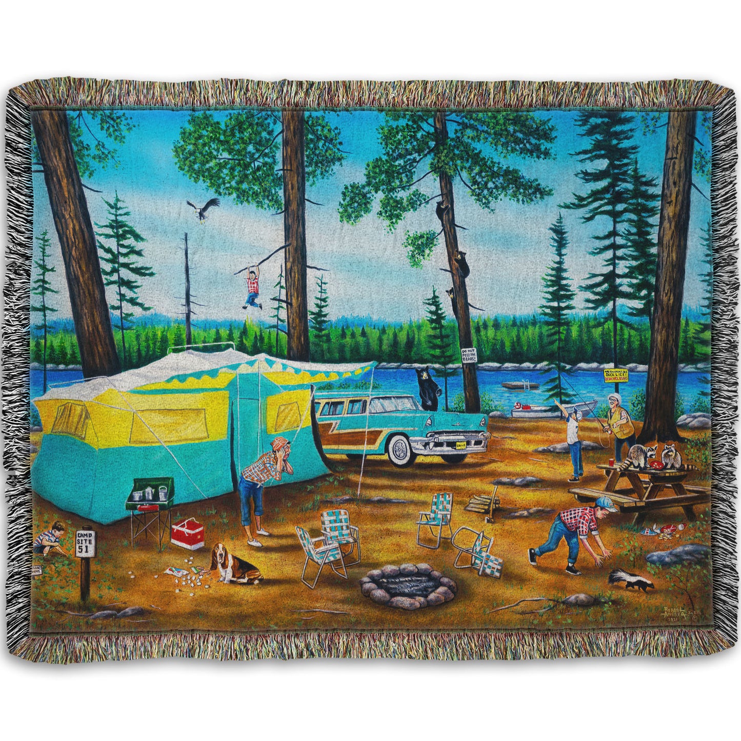 A woven throw blanket designed with a painting of a family camping trip gone awry. The campsite is bombarded by bears, raccoons, and skunks while the children dangle from trees, play in poison ivy, and chase the wild animals.